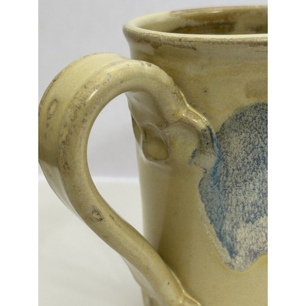 Studio Pottery Mug Tall 5 1/2 inches Drip Glaze Beige Brown Blue Signed Glosssy - Picture 13 of 16